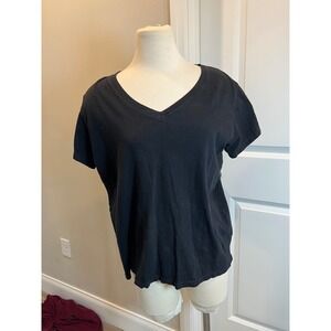 Prairie Cotton Black V Neck T Shirt Basic Essential Top Size L Made USA